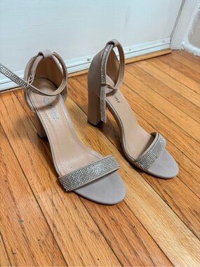 Annie Taupe Block Heel Sandals with Rhinestone Straps